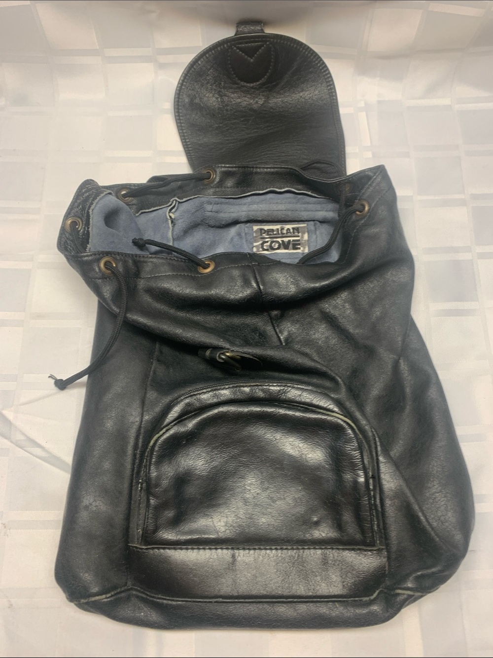 Vintage Pelican Cove Black Leather Drawstring Backpack